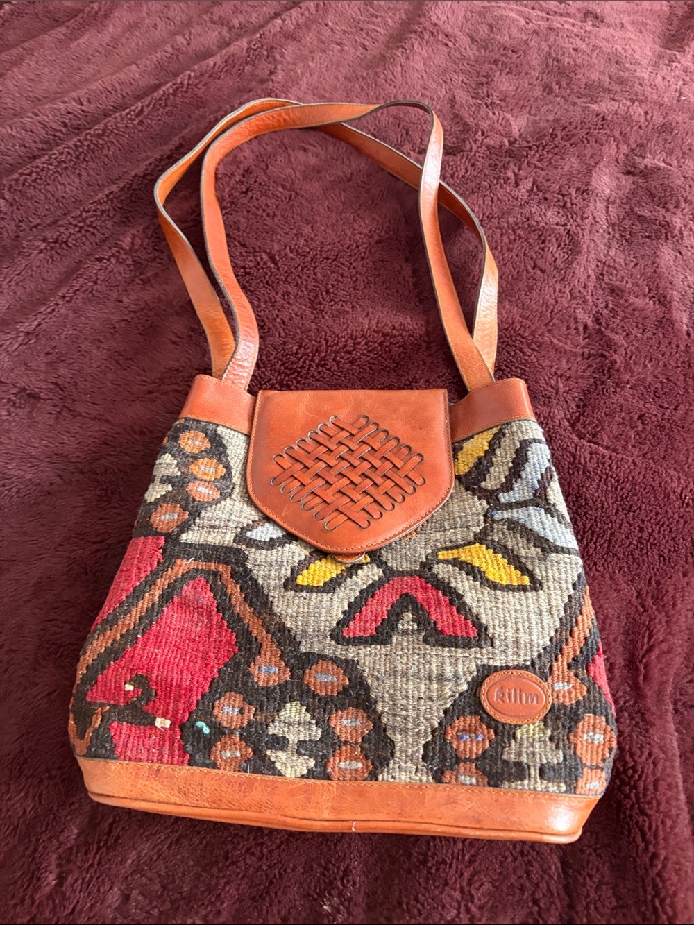 Kilim Woven Leather-Trim Shoulder Bag - cognac multicolor